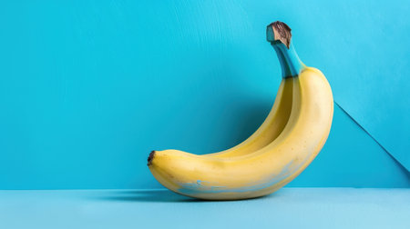 This striking image features a vibrant yellow banana set against a bright blue background, highlighting its smooth texture and organic shape within a minimalist design.の素材