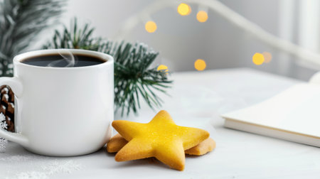 A cozy winter scene featuring a steaming cup of coffee beside a star-shaped cookie on a soft surface. Pine branches and gentle bokeh lights add warmth.の素材