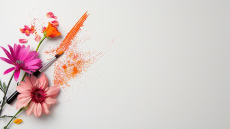A beautiful arrangement of vibrant flowers alongside a paintbrush and colorful paint splashes on a clean white background, ideal for creative projects.の素材