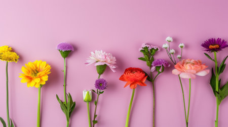 A vibrant and colorful arrangement of fresh flowers lined up against a soft pink background, ideal for artistic and decorative projects celebrating nature's beauty.の素材