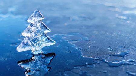 A stunning ice Christmas tree ornament glistens on a blue surface, showcasing intricate snowflake patterns and a captivating reflection. This unique scene captures the essence of winter and festive cheer, offering a serene, artistic impression perfect for holiday-themed projects.の素材