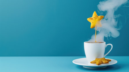 A charming scene showcasing a warm beverage with steam rising, paired with a star-shaped cookie. The blue background emphasizes comfort and creativity, inviting enjoyment.の素材