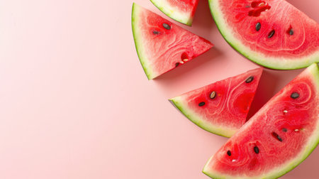 Vibrant slices of fresh watermelon arranged on a soft pink background, showcasing juicy texture and seeds, perfect for summer-themed food imagery.の素材