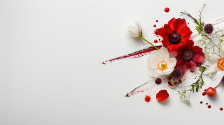 Stunning vibrant floral arrangement featuring red and white blossoms on a light background, perfect for elegant design and artistic projects.の素材