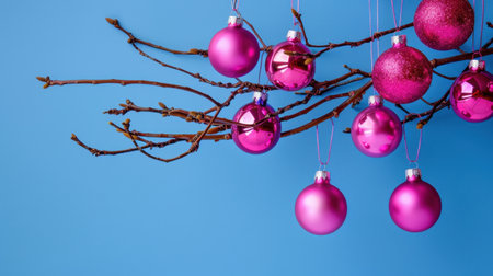 Beautiful pink Christmas ornaments hang delicately from bare branches against a vivid blue background, creating a unique and festive holiday decoration.の素材