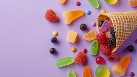 A delightful arrangement featuring a waffle ice cream cone overflowing with colorful candies and gummies, set against a vibrant purple background.の素材