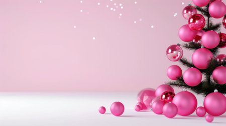 This vibrant image showcases a beautifully decorated pink Christmas tree with shiny ornaments on a soft pastel background, perfect for holiday themes.の素材