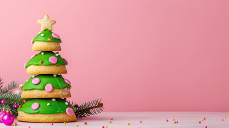A whimsical Christmas tree made of vibrant cookies decorated with colorful icing and sprinkles, set against a charming pink background. Perfect for festive culinary inspiration.の素材