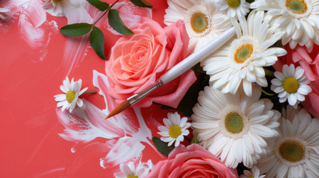 A stunning close-up of pink roses and white daisies arranged on a vibrant background with a paintbrush, showcasing beauty, creativity, and artistry.の素材