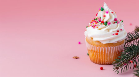 A delightful vanilla cupcake featuring fluffy cream frosting and vibrant sprinkles, set against a soft pink backdrop, perfect for festive celebrations.の素材