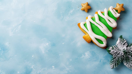 A beautifully crafted gingerbread cookie shaped like a Christmas tree, decorated with green icing and white swirl, perfect for festive celebrations.の素材
