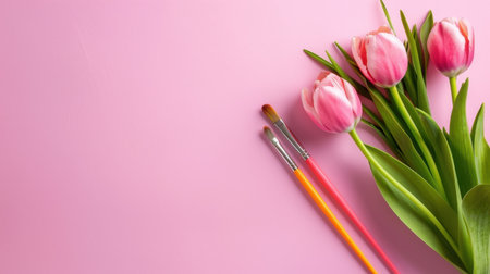 Delight in this fresh arrangement of vibrant pink tulips alongside colorful paintbrushes on a soft pink background, inspiring creativity and beauty.の素材