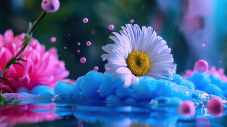 A stunning white daisy blossoms amidst vibrant pink flowers and playful blue bubbles, creating a peaceful water scene perfect for nature lovers.の素材