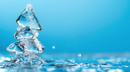 A stunning ice sculpture stands tall on a glistening blue surface, showcasing intricate textures and patterns. The light reflects beautifully off the water droplets, creating a serene and artistic atmosphere perfect for winter-themed projects.の素材