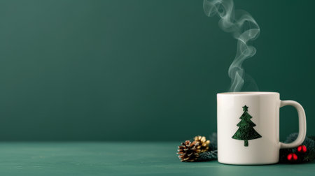 Enjoy the warmth of the holiday season with this cozy Christmas mug featuring a tree design, surrounded by pinecones on a calming green backdrop.の素材