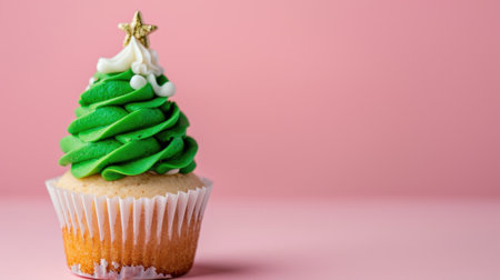 This delightful cupcake features vibrant green frosting shaped like a Christmas tree, topped with a golden star, set against a soft pink background.の素材