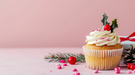 A beautifully decorated cupcake adorned with festive holly and red berries, perfect for holiday celebrations. The light pink background enhances the joyful appeal.の素材