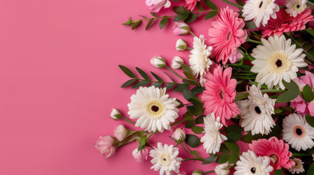 A beautiful floral arrangement featuring pink and white flowers set against a bold pink background, perfect for artistic projects and greetings.の素材