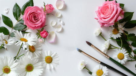 A captivating arrangement of fresh pink roses and white daisies accompanied by paint brushes, showcasing an artistic and vibrant atmosphere perfect for inspiration.の素材