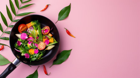A vibrant composition featuring fresh vegetables and edible flowers artfully arranged in a frying pan, set against a soft pink background, ideal for culinary inspiration.の素材