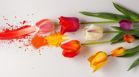This image features a vibrant arrangement of tulips in various colors accompanied by artistic paint splashes and powder. The creative composition highlights the beauty of the flowers against a clean white background, evoking a sense of freshness and springtime joy.の素材