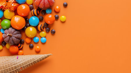 A vibrant display of assorted candies and decorative gourds against a bright orange backdrop, featuring an ice cream cone, ideal for festive themes.の素材