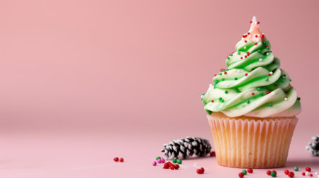 This festive cupcake features swirls of green frosting topped with colorful sprinkles, creating a delightful holiday treat perfect for celebrations.の素材