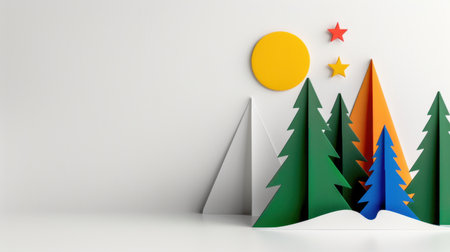 This imaginative paper craft scene features colorful trees, a bright sun, and playful stars, perfect for creative design projects and backgrounds.の素材