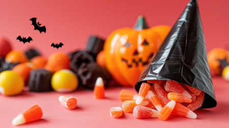 This vibrant Halloween-themed image showcases a playful arrangement of candy, including candy corn and chocolates, alongside a smiling pumpkin and spooky bats, creating a festive mood. Perfect for seasonal celebrations!の素材
