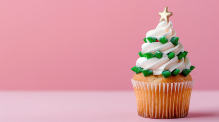 A beautifully crafted festive cupcake resembling a Christmas tree with whipped frosting, green embellishments, and a golden star on a soft pink background.の素材
