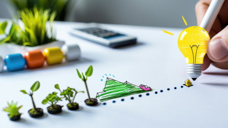 A creative illustration featuring a hand sketching a light bulb above a gradual growth journey of seedlings towards a mountain peak, symbolizing progress and innovation.の素材