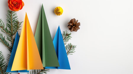 A vibrant display of colorful paper Christmas trees in various shades, surrounded by natural pinecones and decorative flowers, perfect for holiday inspiration.の素材