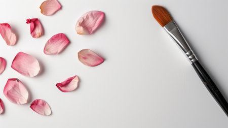A still life composition featuring delicate pink rose petals scattered on a soft white background alongside an artist brush, perfect for creative projects.の素材