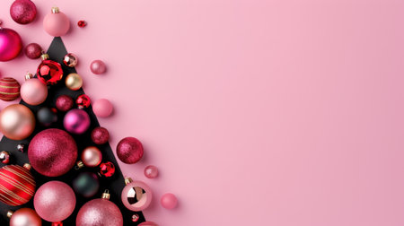 This vibrant image showcases decorative Christmas ornaments arranged in a creative tree shape against a soft pink background, perfect for holiday themes.の素材