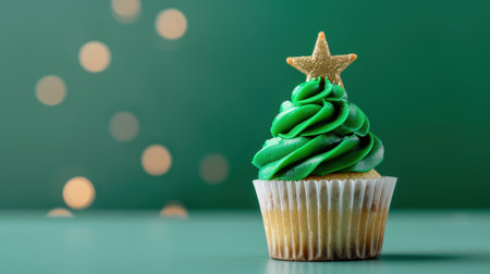 A visually stunning cupcake featuring rich green icing and a sparkling golden star on top, perfect for holiday festivities and celebrations.の素材