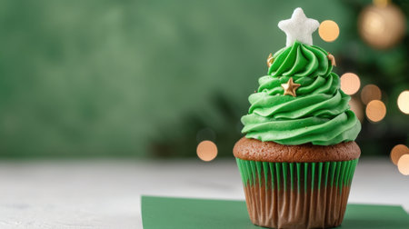 This festive green cupcake features swirls of vibrant frosting topped with a star and gold decorations, perfect for any Christmas celebration or holiday treat.の素材