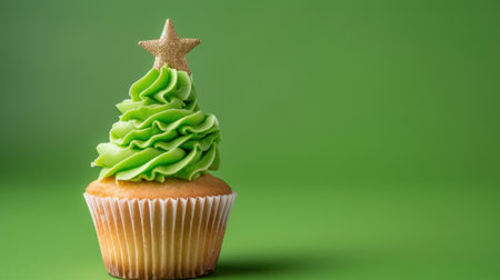 This charming and festive cupcake features vibrant green frosting shaped like a Christmas tree, topped with a golden star, ideal for holiday celebrations.の素材