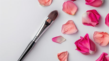 A beautiful arrangement featuring a makeup brush alongside vibrant pink rose petals on a clean white background, perfect for beauty and fashion contexts.の素材