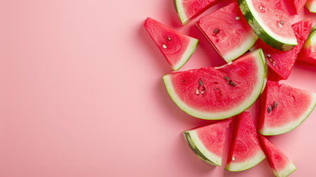 Vibrant slices of fresh watermelon beautifully arranged against a soft pink background, ideal for summer themes, healthy recipes, and refreshing snacks.の素材