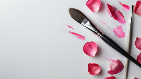 This image captures a stylish arrangement of pink rose petals alongside art brushes on a minimalist white background, ideal for creative projects.の素材