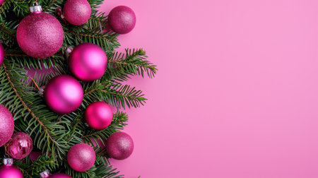Vibrant pink Christmas ornaments elegantly arranged on lush green pine branches, creating a festive holiday atmosphere against a soft pink background.の素材