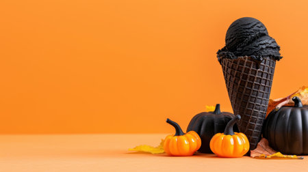 A striking image featuring a black ice cream cone topped with rich black ice cream, surrounded by mini pumpkins and colorful leaves. Perfect for autumn and Halloween themes.の素材