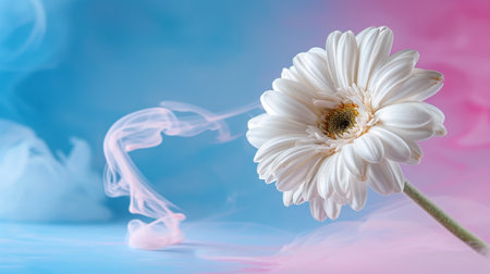 This captivating image features a delicate white flower set against a soft blue and pink background, enhanced by wisps of colorful smoke. The serene atmosphere evokes beauty and tranquility, making it perfect for various design projects.の素材