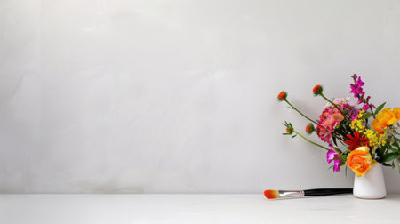 A beautiful floral arrangement featuring colorful flowers alongside a makeup brush on a simple, clean surface. Perfect for beauty and decoration.の素材
