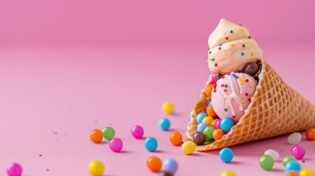 A delightful ice cream cone topped with creamy swirls and colorful sprinkles sits on a pink background. Bright candies surround the cone, evoking a cheerful summer vibe.の素材