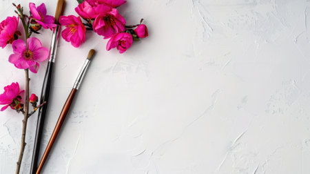 A vibrant arrangement of pink cherry blossoms and paint brushes on a textured white background, perfect for creative projects and artistic presentations.の素材