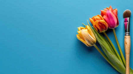 This image features a stunning arrangement of colorful tulips alongside a makeup brush against a bright blue background, highlighting beauty and creativity.の素材