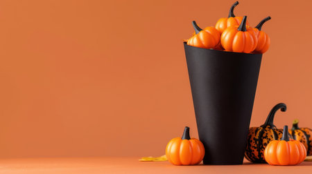 This image features a striking black cone filled with vibrant orange pumpkins, set against a warm orange background, ideal for Halloween-themed projects.の素材