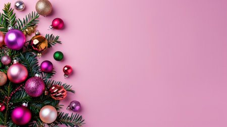A vibrant arrangement of colorful Christmas ornaments rests atop green pine branches against a soft pink background, capturing the essence of holiday cheer and celebration.の素材