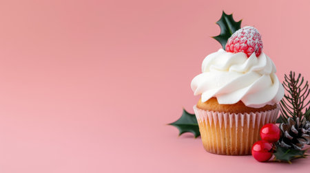 A delightful festive cupcake featuring a swirl of creamy frosting, adorned with a red berry and holly leaves, set against a soft pink background.の素材